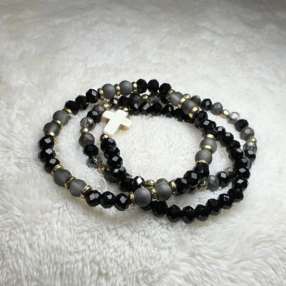 Beaded Bracelet Set of 3 w/Cross Charm on Black & Mirrored Grey & Gold Tone NWOT